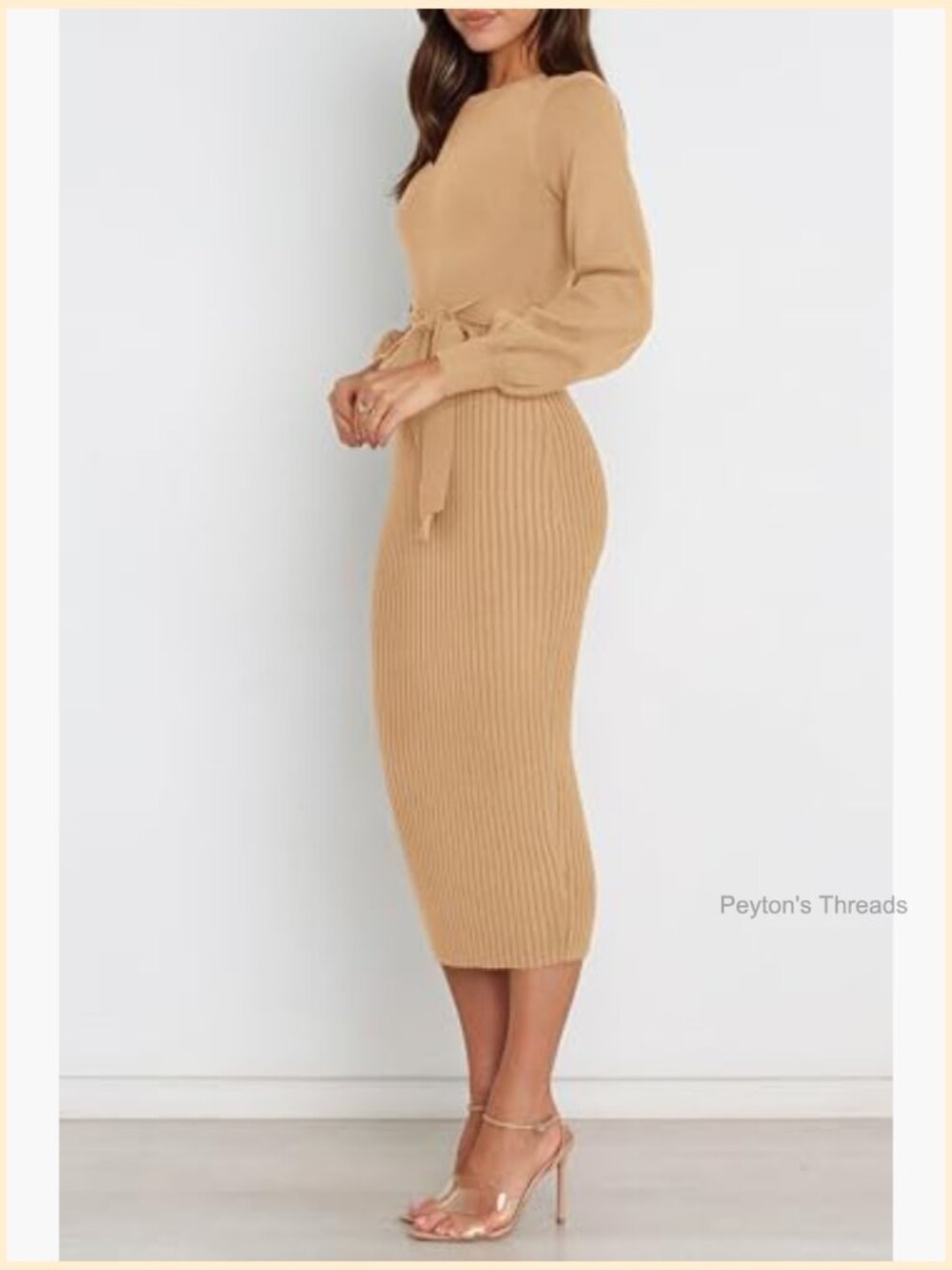 Womens Ribbed Knit Bodycon Midi Sweater Dress Puff Long Sleeve Work - Picture 5 of 7